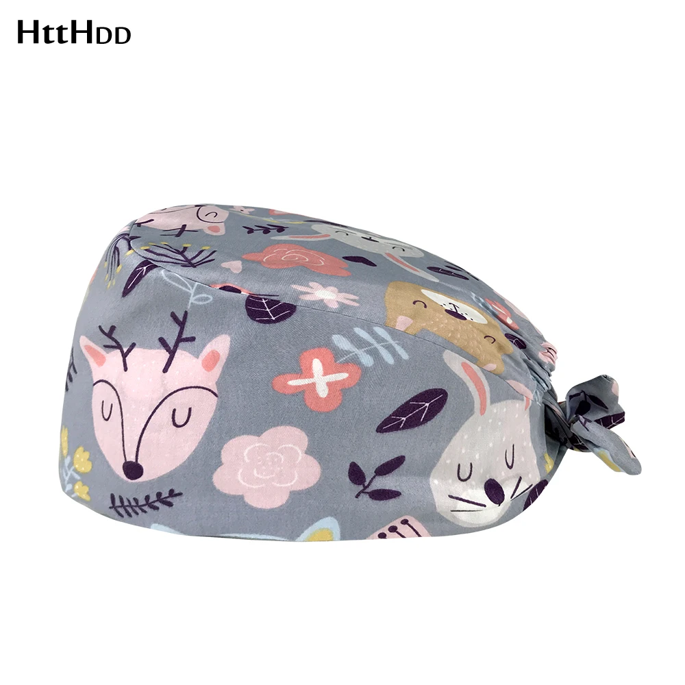 

Pet rescue station work cap Summer Health spa work Dust-proof cleaning hat Gray background Animal Cartoons print scrub cap