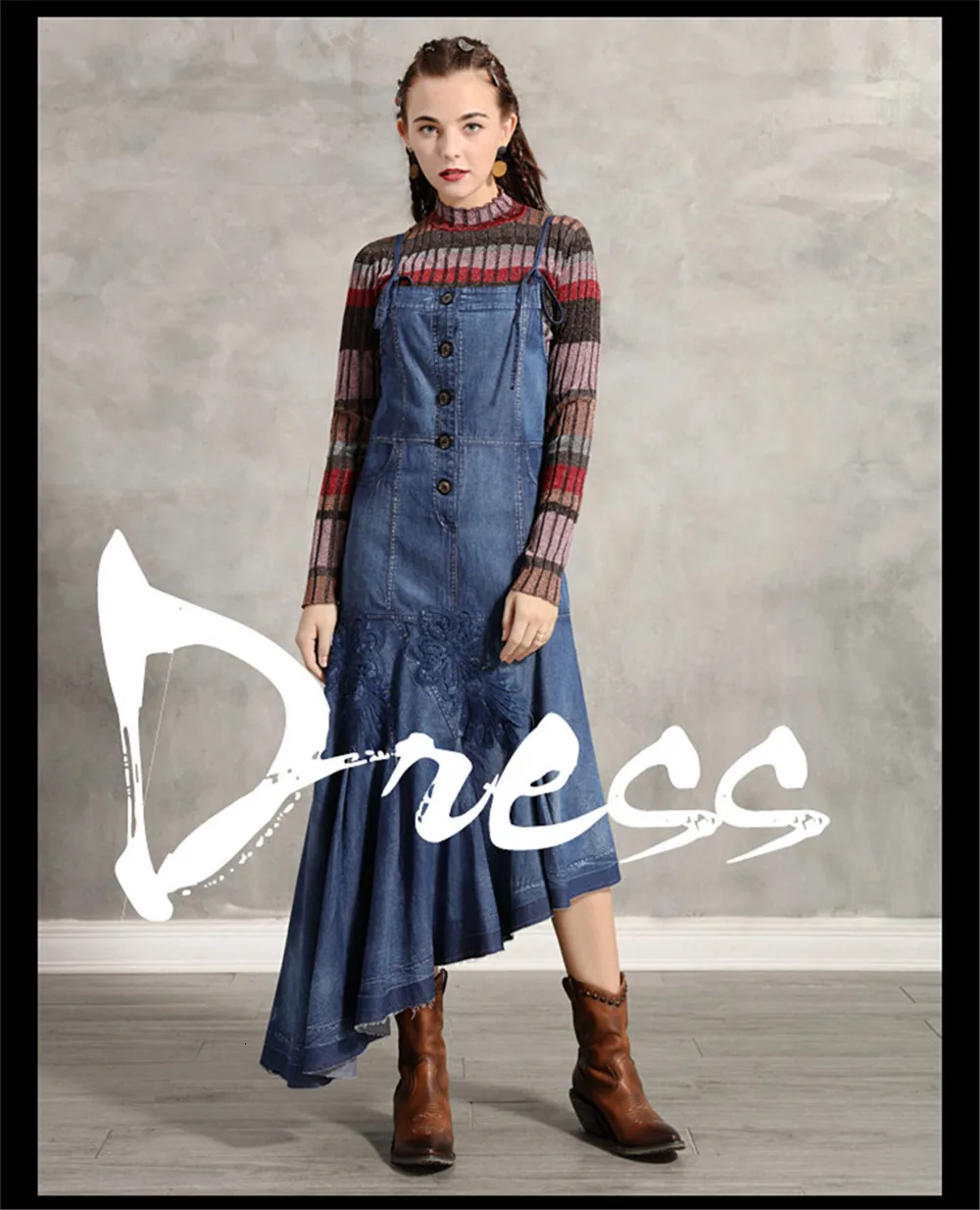 Vintage Denim Women's Dress 2019 Embroidery Braces Dresses Asymmetrical Long Women Strap Dress Vestidos A82193 Draped Dress (1)