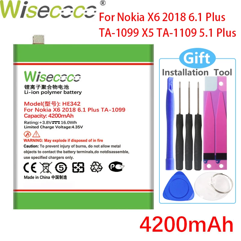 WISECOCO 4200 мАч HE342 батарея для Nokia X6 2018 6 1 Plus TA 1099 мобильный телефон с номером