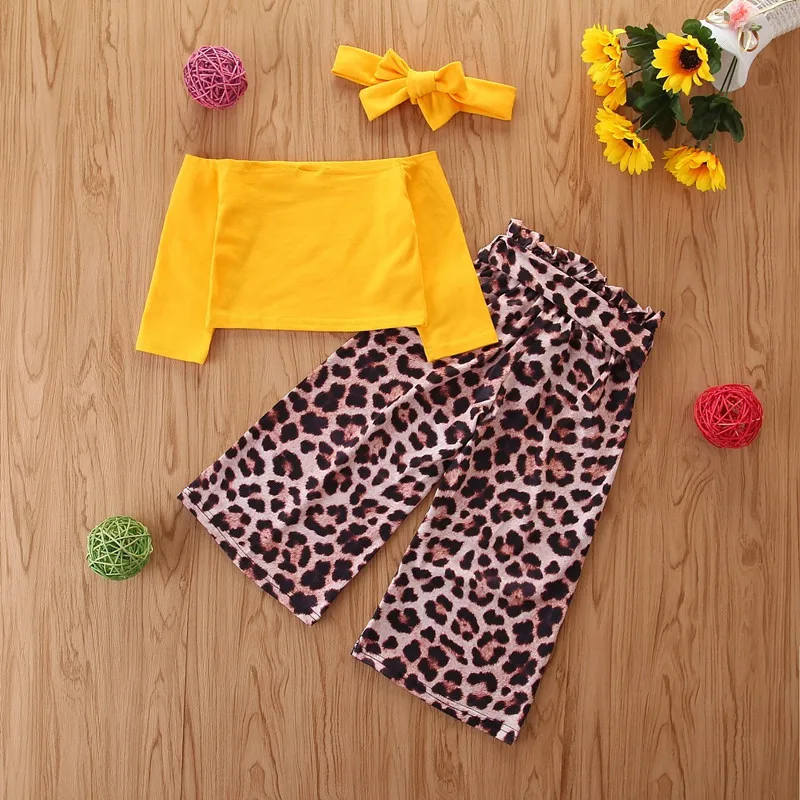 Children's 2020 new children's Suit Girls' one shoulder long sleeve top leopard bell bottomed pants two piece set