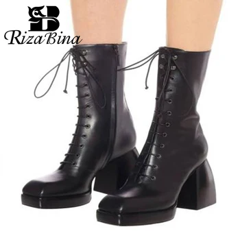 

RIZABINA New Women Real Leather Half Short Boots Square Toe Thick High Heel Zipper Cross Strap Fashion 33-43Footwear Size