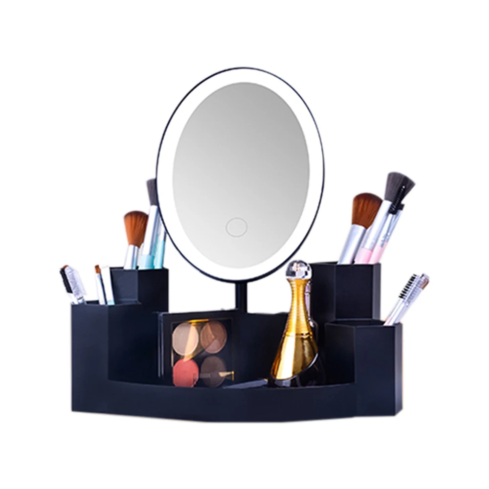 

LED Makeup Mirror with Cosmetics Storage Base 180 Rotation Brightness Adjustable Beauty Cosmetic Mirror