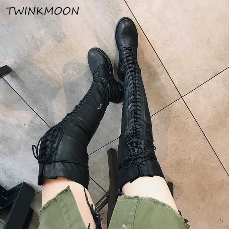 Lace Up Thigh High Boots Women's Winter High Boots Leather Square Heel Over The Knee Boots Round Toe Rubber Sole Shoes Plus