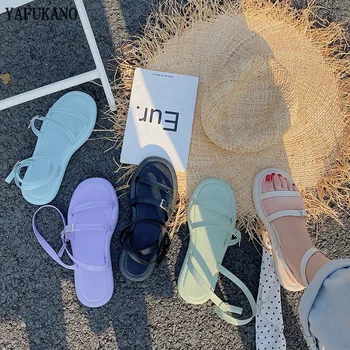 

Korean Ankle Buckle Open-Toe Sandals 2020 Summer Colors Fashion Flat Casual Rome Sandals Simple Students Beach Shoes
