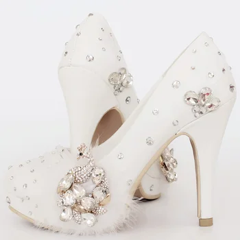 

Handmade White Formal Shoes Vogue Bridal Dress Shoes Peacock Crystal Wedding Shoes Bride Shoes Pump Patent Leather Formal Shoes