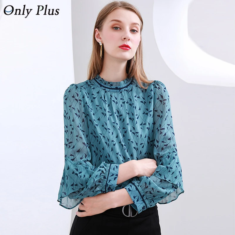 ONLY PLUS blusa informal de Chifón con manga acampanada para otoño, con estampado de hojas para mujer, cuello redondo, a la moda|Blusas y camisas| - AliExpress