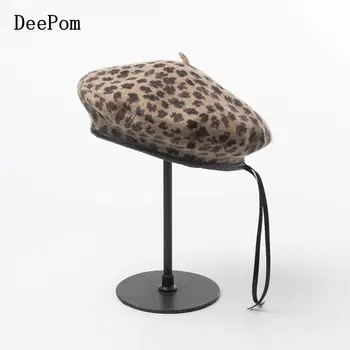 

DeePom Wool Leopard Beret Women Hat Korean Autumn Winter New Fashion Leather Brim Adjustable Baret Cap Hat Gorras Chapeau Femme