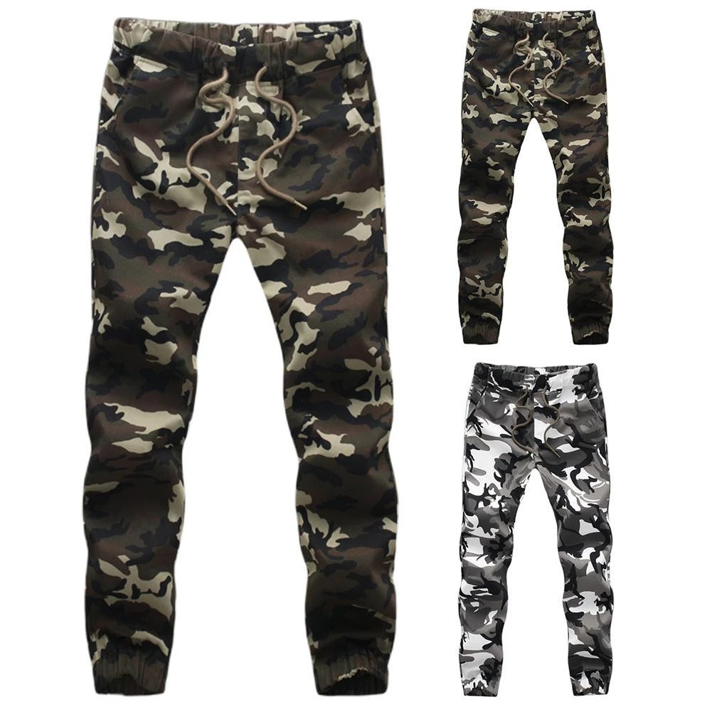 Men Sporty Camouflage Color Pockets Waist Drawstring Long Skinny Cargo Pants under armour sweatpants