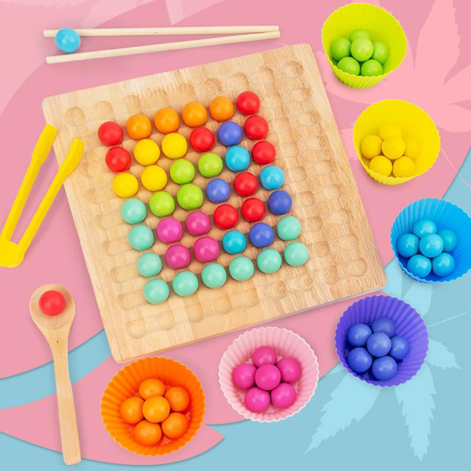 Wood Montessori Kids Hands Brain Training Clip Beads Puzzle Board Game