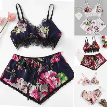 

Fashion Sexy Lace Sleepwear Cami Top Satin Trim Floral Bow Lingerie Set Pajamas Babydoll Sleepwear Crop Tops Homewear Pyjama