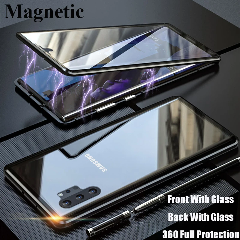 Магнитный чехол для samsung Galaxy Note 10 pro 10+ чехол 360 двухсторонний чехол из закаленного стекла для samsung Note 10 Pro металлический чехол