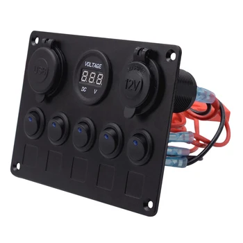 

Blue LED 5 Gang Toggle Rocker Switch Panel Dual USB Socket Charger Voltmeter for Marine Boat