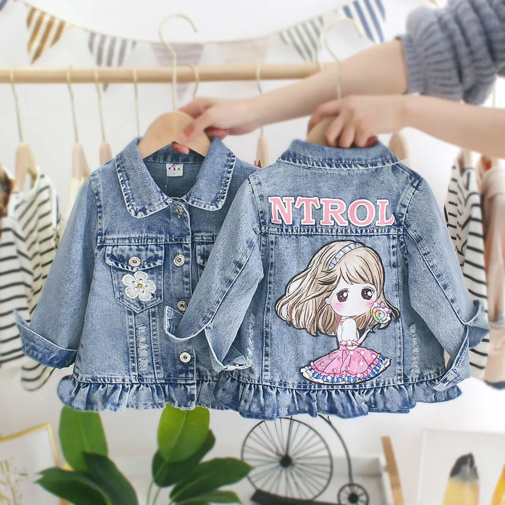 

Cute Baby Girls Denim Jackets Cartoon Girl Pearls Beading Ruffles Jean Coats Kids Outerwear 2021 Spring Autumn Children Clothing