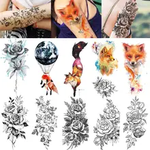 Акварельные цветные Временные татуировки лисы, наклейки, пионы, цветы, тату, 3D креативные боди-арт, водонепроницаемые женские модные татуировки, сделай сам