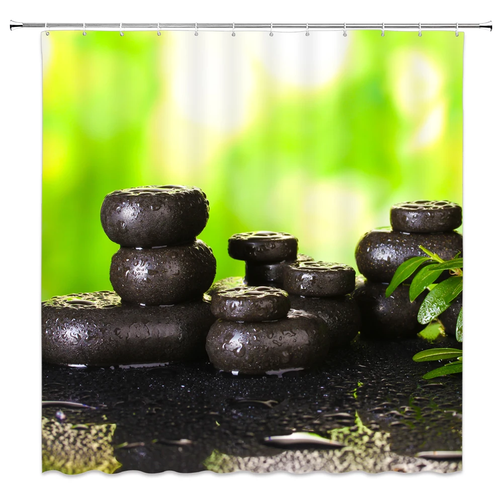 Zen Style Shower Curtains Black Stones Flower Green Leaf Spa Backdrop Bathroom Decor Home Bath