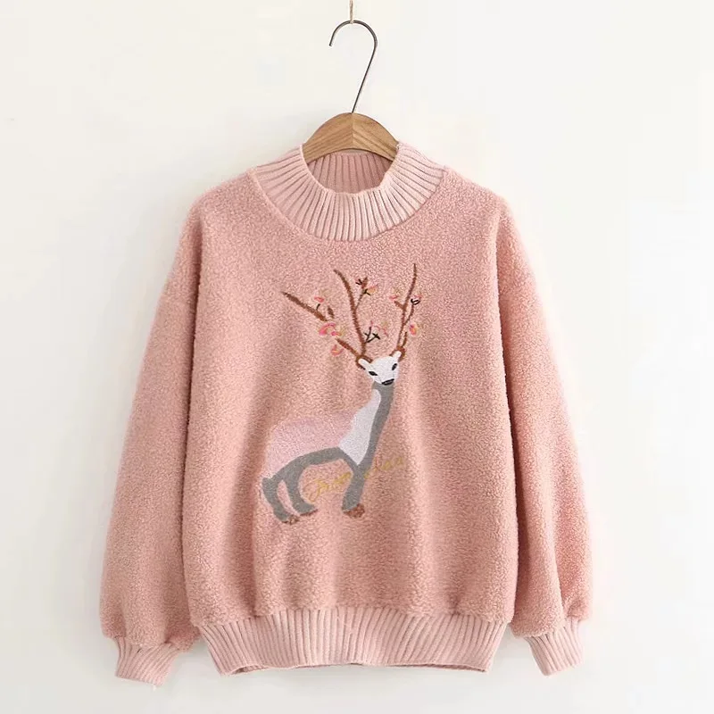 Розовый MERRY PRETTY женские толстовки с мультяшной вышивкой плюс вельветовые толстовки зимние пуловеры с длинным рукавом и круглым вырезом женский спортивный костюм - Цвет: Розовый