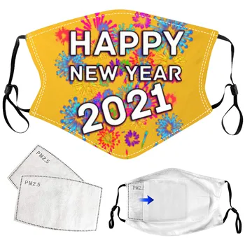 

2021 Happy New Years Print Face Mask With 2x Filter Pm2.5 Fabric Face Cover Reusable Mouth Cover Adult Masks Washable Mouth Mask