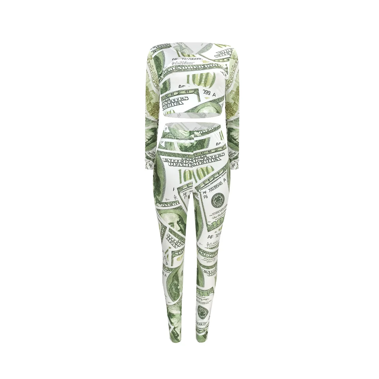 Повседневный комплект из двух предметов с принтом доллара, женский короткий топ с длинным рукавом и круглым вырезом, футболка, длинные брюки-карандаш, женский костюм, спортивный костюм
