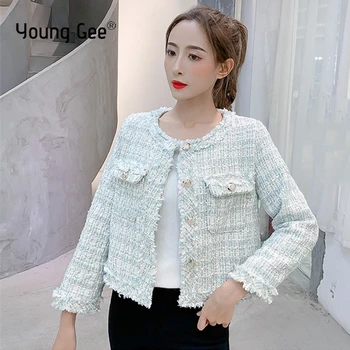 

Young Gee 2019 NEW Autumn Winter Tweed Coat Lady's Gold Single Buckle Wool Outwear Elegant Loose Plaid Jackets chaqueta mujer