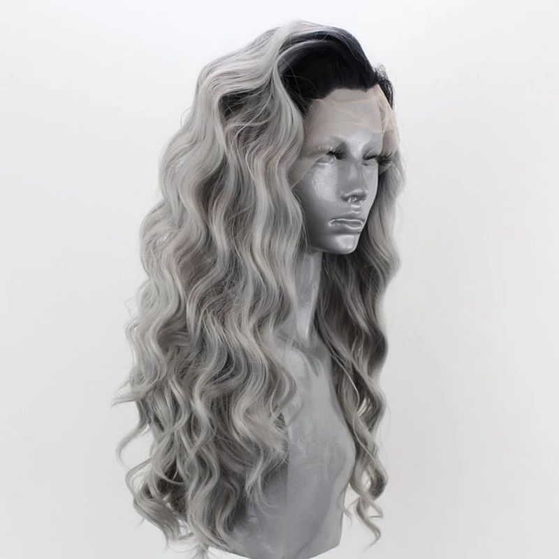 Charisma Ombre Gray Color Heat Resistant Fiber Hair Synthetic Lace Front Wig Long Wavy Two Tone Grey Cosplay Wigs for Women