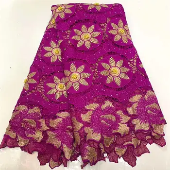 

Fushia Pink African Embroidered Beaded Guipure Lace French Water Soluble Cord Lace Fabric With Stones For Party NLY3-1