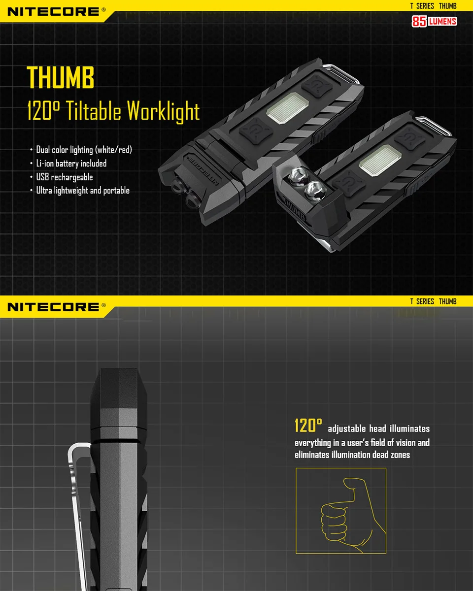 Оригинальная заводская цена Nitecore Thumb 120 градусов наклонный USB Перезаряжаемый рабочий свет