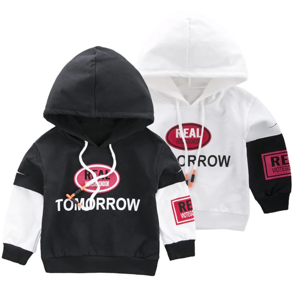 

Kids Hoodies Winter Warm Children Boys Girls Splicing Letter Print Hooded Pullover Outfits Tops Baby Clothes HOOLER