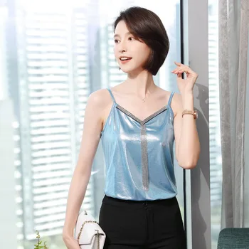 

0778 Silk Inside Build Sexy Solid Color Sling Vest Female Slim Fit Version Backing Shirt Big Code Women's Wear Top Chao