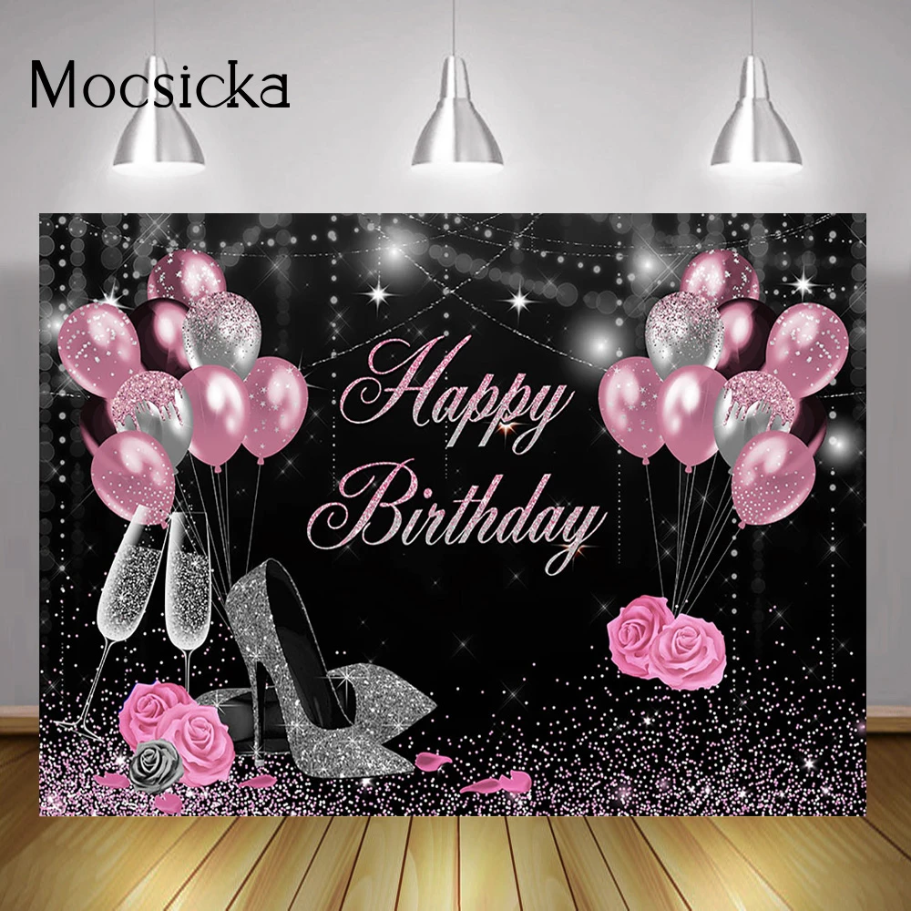Fondo negro Bokeh de feliz cumpleaños para adultos, globos rosas para mujer,  decoración de fondo de fiesta de cumpleaños, purpurina, tacones altos|Fondo|  - AliExpress