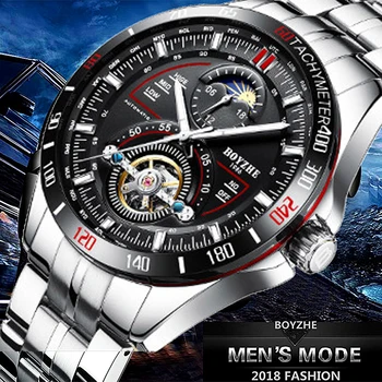 

BOYZHE Mens Automatic Mechanical Fashion Top Brand Sports Watches Tourbillon Moon Phase Stainless Steel Watch Relogio Masculino
