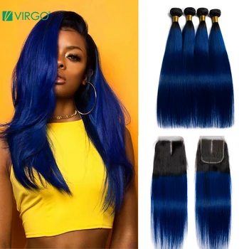 

Virgo Hair Ombre Bundles With Closure 1B/Blue Two Tone Human Hair 3 Pcs Brazilian Straight Hair Bundles with Closure Remy Hair