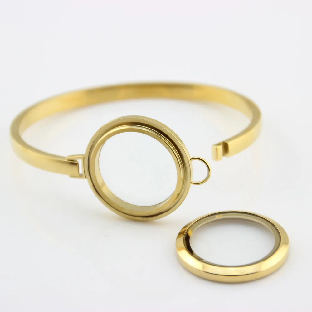 30mm 25mm Gold Color 316L Stainless Steel Screw Floating locket Bangle7/8 Inches Floating Charms Locket Bracelet Bangle Female 3