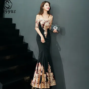 

Skyyue Evening Dress Short Sleeve Floor-Length Embroidery Robe De Soiree Boat Neck Off The Shoulder Mermaid Eveing Gown E579