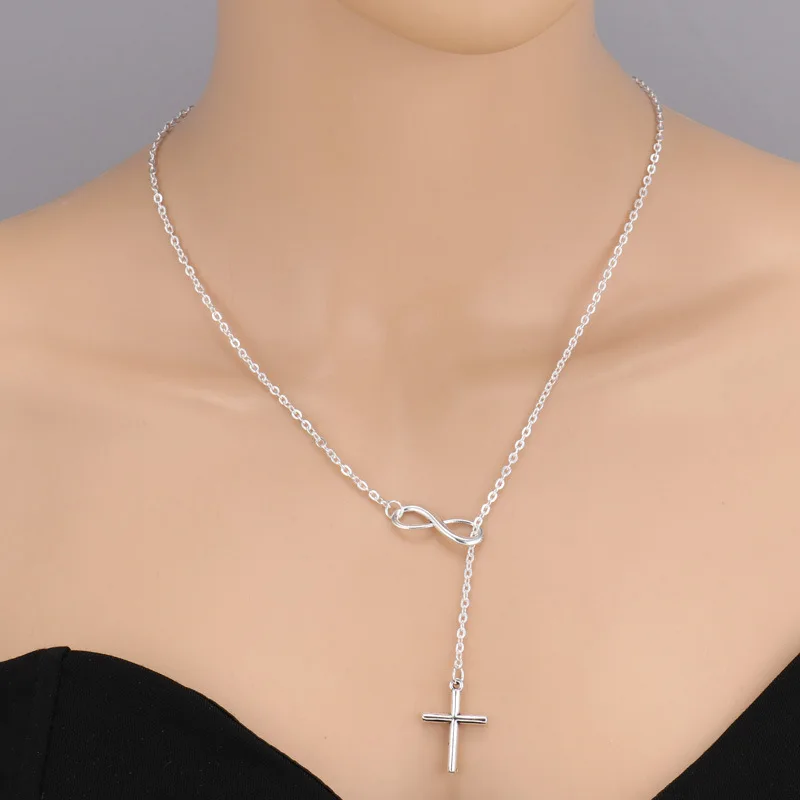 Милая, шикарная, бесконечный крест, длинная Серебристая цепочка, подвеска, ожерелье серебряного цвета, Женское Ожерелье, свадебные, для влюбленных, подарки дружбы