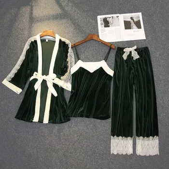 

Velour Pajamas Suit Lady Kimono Gown Soft Casual 3PCS Nighty&Robe Set 2020 New Bathrobe Intimate Lingerie Velvet Home Clothes