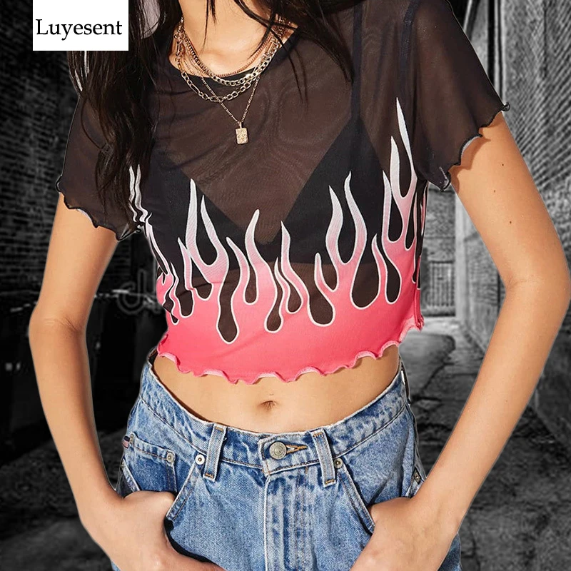 Black Goth Women Mesh Short T-shirts 2020 Summer Lady Fire Print Transparent Hipster Street See Through TShirt O Neck Basic Top
