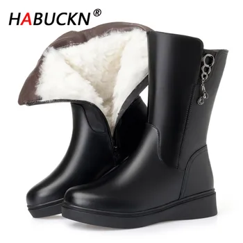 

HABUCKN 2020 Warm Wool Women Snow Boots Flat Bottom Fur Warm Shoes Genuine Leather Plush Boots Platform for Women Winter Boots