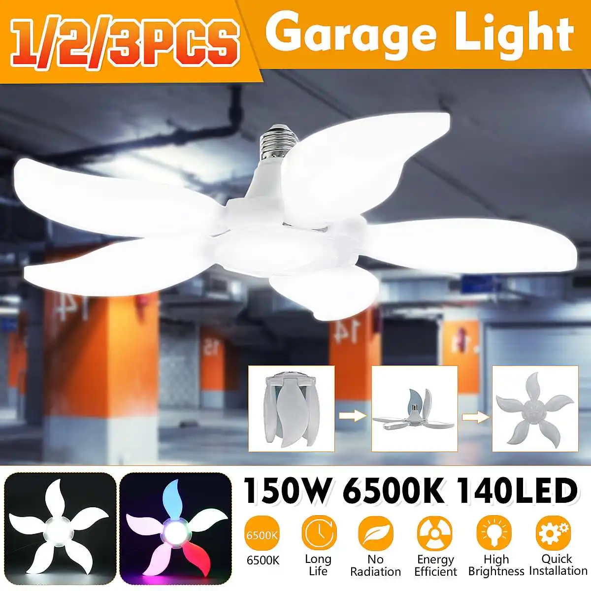 AC220V E26/E27 белый красочный светильник с пятью листьями 140LED для гаража Складная Лампа для горной мастерской лампа для супермаркета