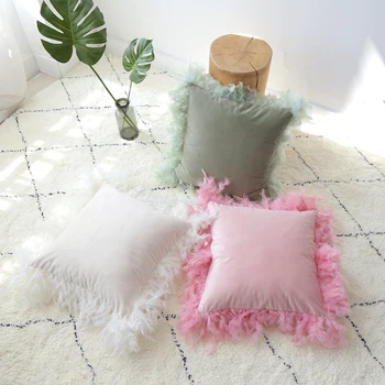 

Romantic Velvet Solid Cushion Cover Feather Tassels Square Home Decor Pillow Pink Pillow 45x45cm Blue Sofa Cover Case Cream