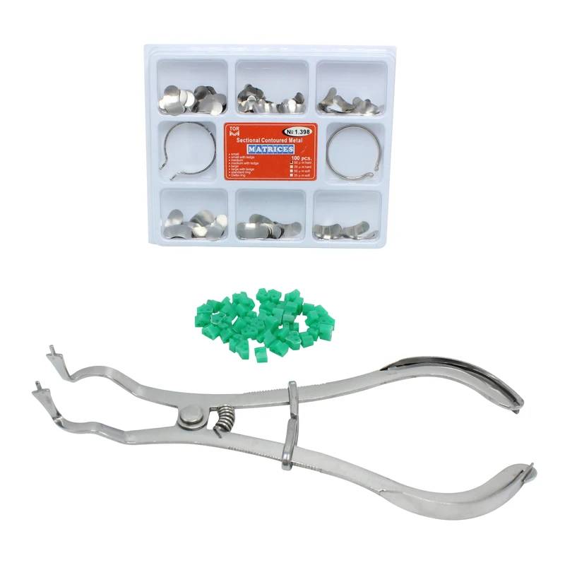 

100Pcs Dental Matrix Sectional Contoured Metal Matrices No.1.398+ Matrix Band Forming Clip+40pcs wedges silicone Dentist Tools