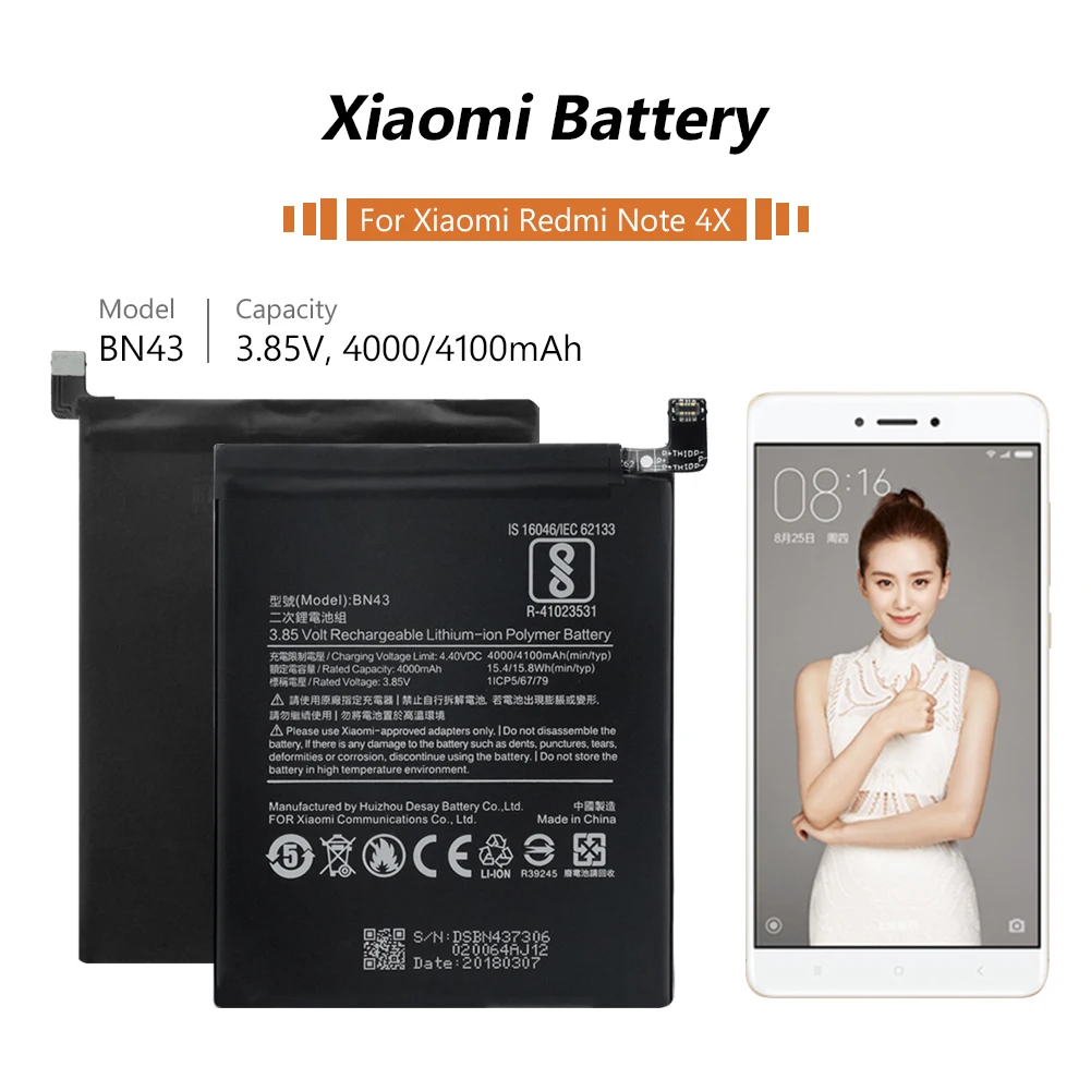 3,85 V 4100mAh литиевая Li-Po Li-polymer BN43 запасная батарея для мобильного телефона BN 43 BN-43 перезаряжаемая для Xiaomi Redmi Note 4X