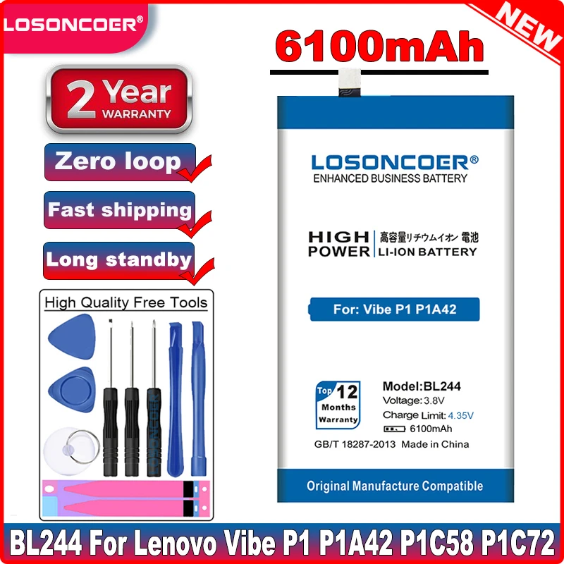 LOSONCOER 6100mAh BL244 Battery for Lenovo Vibe P1 P1A42 P1C58 P1C72 Mobile Phone Batteries Free tools Stand Holder Stickers | Мобильные