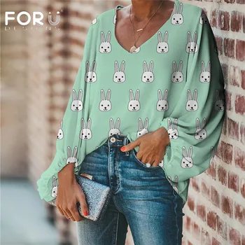 

FORUDESIGNS Women Blouse Kawaii Cartoon Rabbit Print Womens Tops and Blouses Female Shirts Ladies Clothes 2020 Large Size