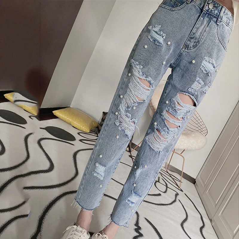 Pantalones vaqueros para mujer, Vaqueros elásticos con remaches, informales, ajustados, primavera y verano|Pantalones vaqueros| - AliExpress