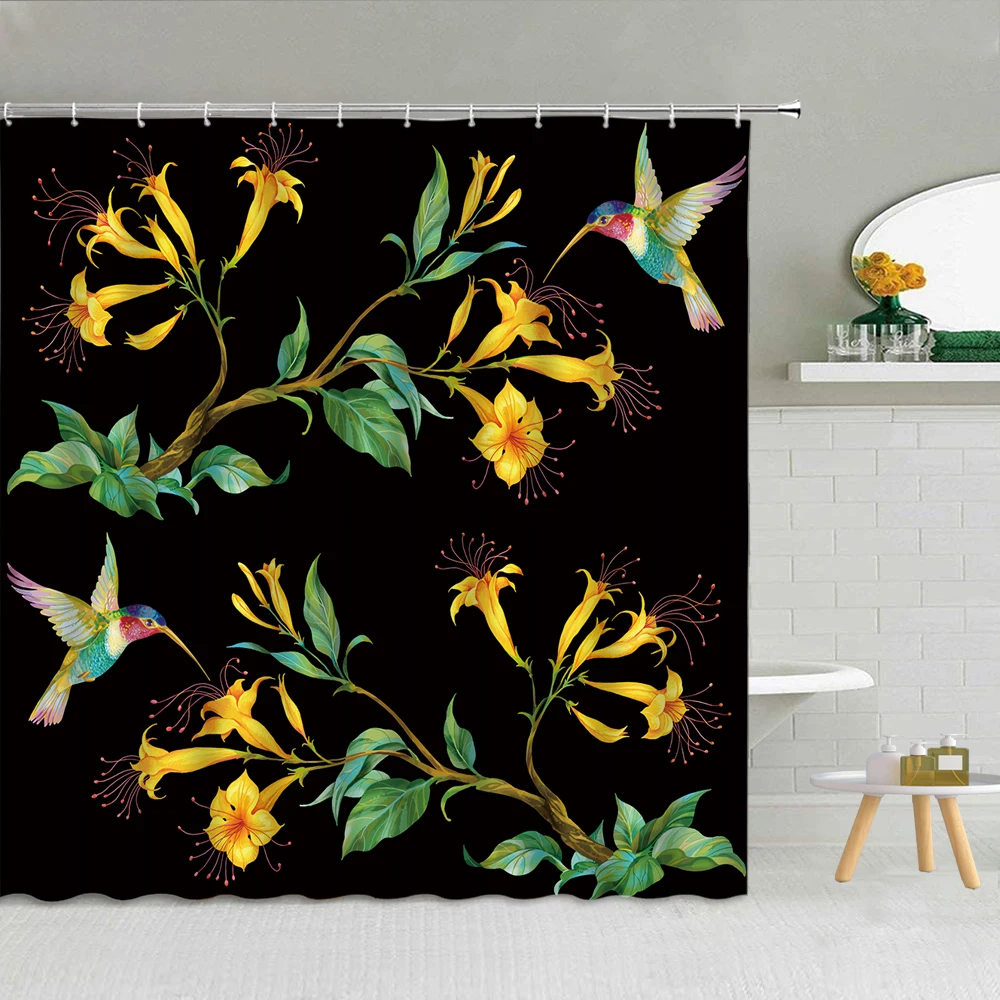 

Colorful Bird Flower Green Leaf Tulip Shower Curtain Fabric High Quality Bathroom Supplies Decor With Hooks Washable 3D Printing