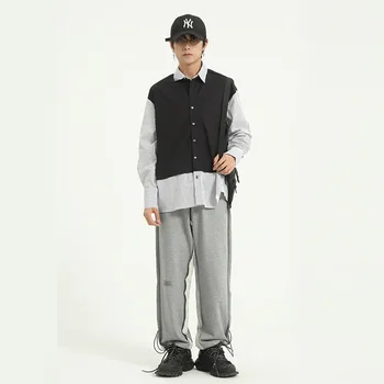 

Men Casual Stripe Splice Long Sleeve Shirt Male Japan Korea Style Streetwear Hip Hop Vintage Fashion Loose Shirts