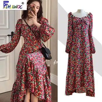 

Cute Vintage Floral Beautiful Dresses Women Bow Tie Red Temperament Lady Flhjlwoc Style Retro Japanese Korean Long Maxt Dress