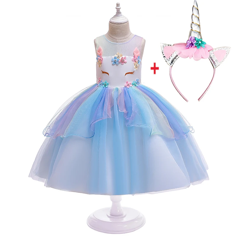 Рождественское фантазийное платье принцессы с единорогом для От 3 до 8 лет; Детские платья для дня рождения и свадьбы для девочек; Красивая Пасхальная одежда - Цвет: Sky blueHeadband