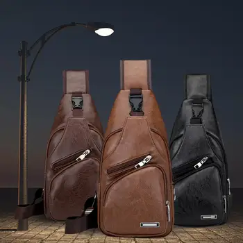 

New Fashion Solid Color Shoulder Belt Bag Men PU Leather USB Interface Headphone Jack Chest Pouch Crossbody Packs