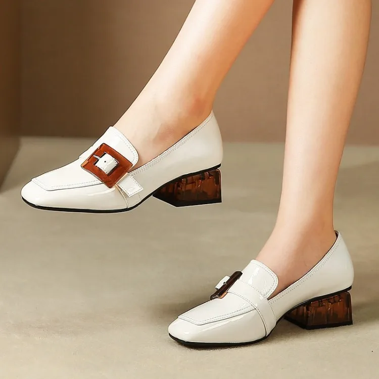

2019 Autumn Square Head Chunky Heel Solid Color Foot Covering Europe And America Man-made Diamond Low Top Semi-high Heeled Thick